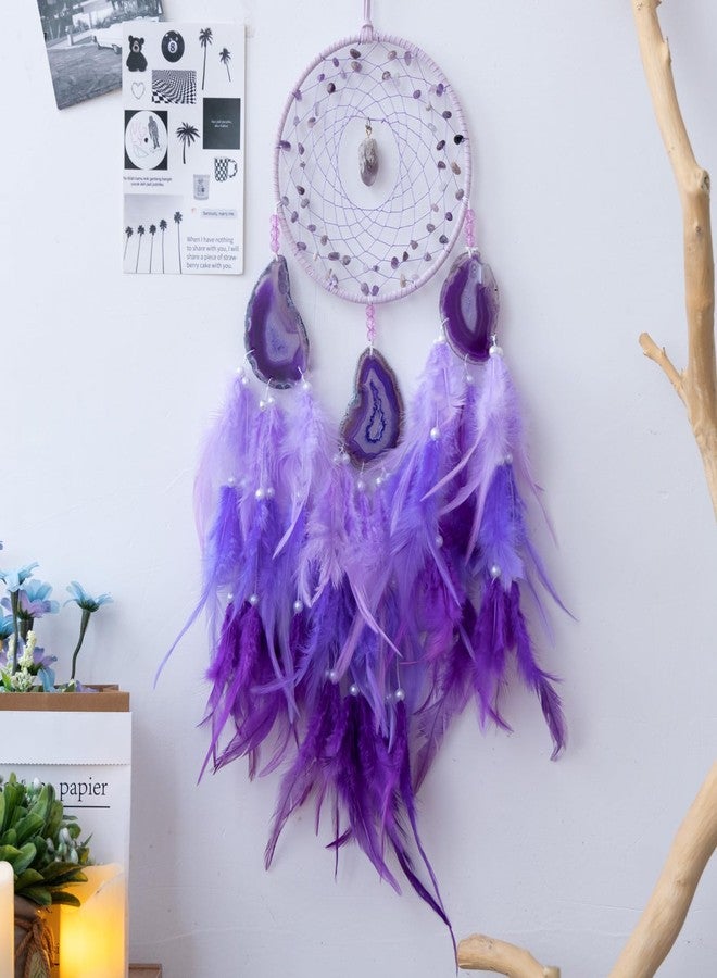 KHOYIME Agate Dream Catcher, Handmade Feather Dreamcatcher with Healing Crystal Stone Natural Gemstone Dream Catchers, Wall Art Hanging Decor Home Ornaments Craft Gift for Girls Adult Bedroom (Purple) - Image 1